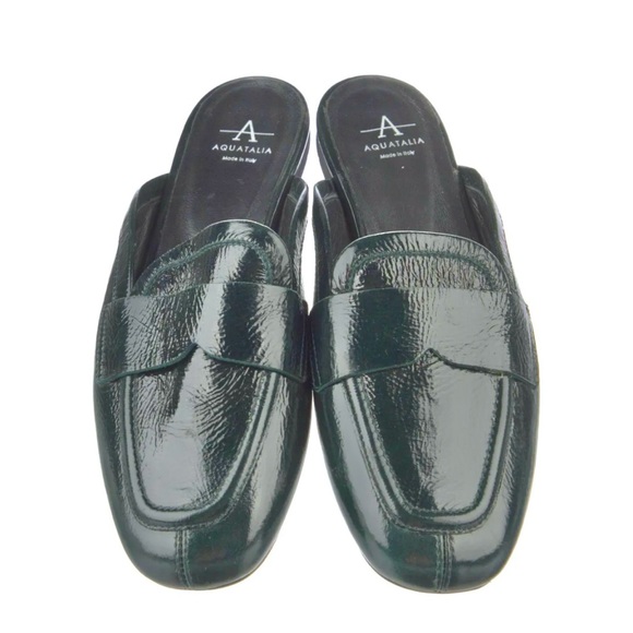 Aquatalia Dark Green Patent Leather Square Toe Mule Slide Loafers Size 6.5 - Picture 1 of 6